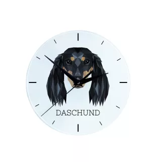 Dachshund Langhaar, Dackel, Teckel - geometrische Wanduhr mit Bild und Aufschrift der Marke Art-Dog