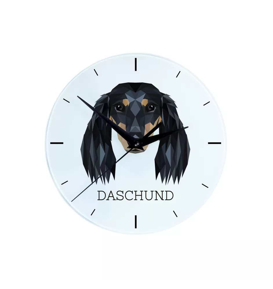 Dachshund Langhaar, Dackel, Teckel - geometrische Wanduhr mit Bild und Aufschrift der Marke Art-Dog