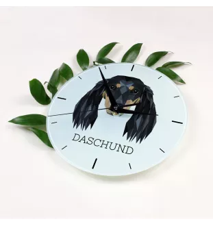 Dachshund Langhaar, Dackel, Teckel - geometrische Wanduhr mit Bild und Aufschrift der Marke Art-Dog