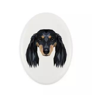 Dachshund Langhaar, Dackel, Teckel - Fliese mit geometrischem Bild und Schriftzug der Marke Art-Dog