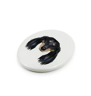 Dachshund Langhaar, Dackel, Teckel - Fliese mit geometrischem Bild und Schriftzug der Marke Art-Dog