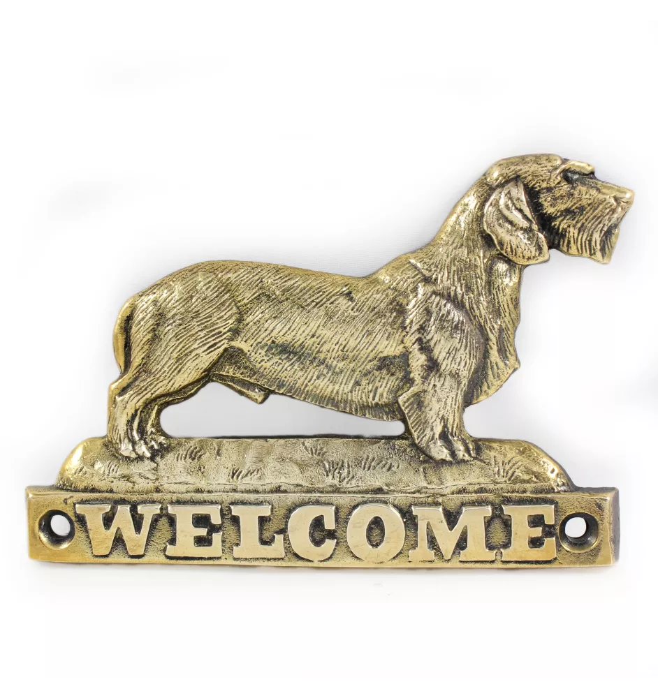 Teckel à poil dur, Chien-saucisse - une plaque de porte avec un chien, une plaque de bienvenue en laiton, une enseigne exceptionnelle avec l'inscription Welcome de la marque Art-Dog