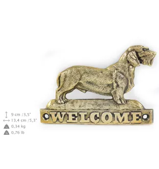 Teckel à poil dur, Chien-saucisse - une plaque de porte avec un chien, une plaque de bienvenue en laiton, une enseigne exceptionnelle avec l'inscription Welcome de la marque Art-Dog