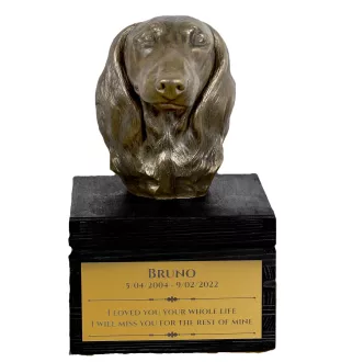 Teckel à poil dur, Chien-saucisse - une urne avec une gravure et une sculpture de chien, un dernier adieu, un produit fait à la main de la marque Art-Dog
