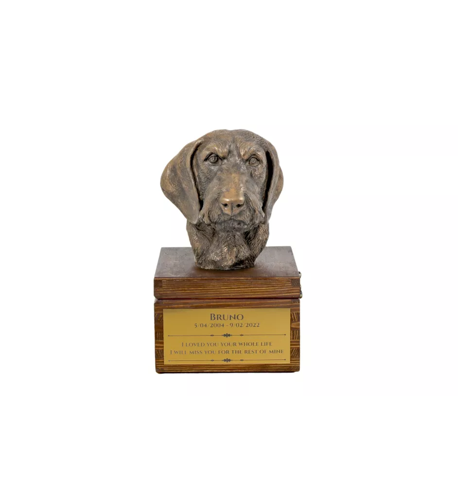 Dachshund Rauhhaar, Dackel, Teckel - Eine Ascheurne für Hunde mit einer Statuette, eine kleine Urne für Hunde, eine personalisierte Urne mit dem Porträt eines Hundes von der Marke Art-Dog.