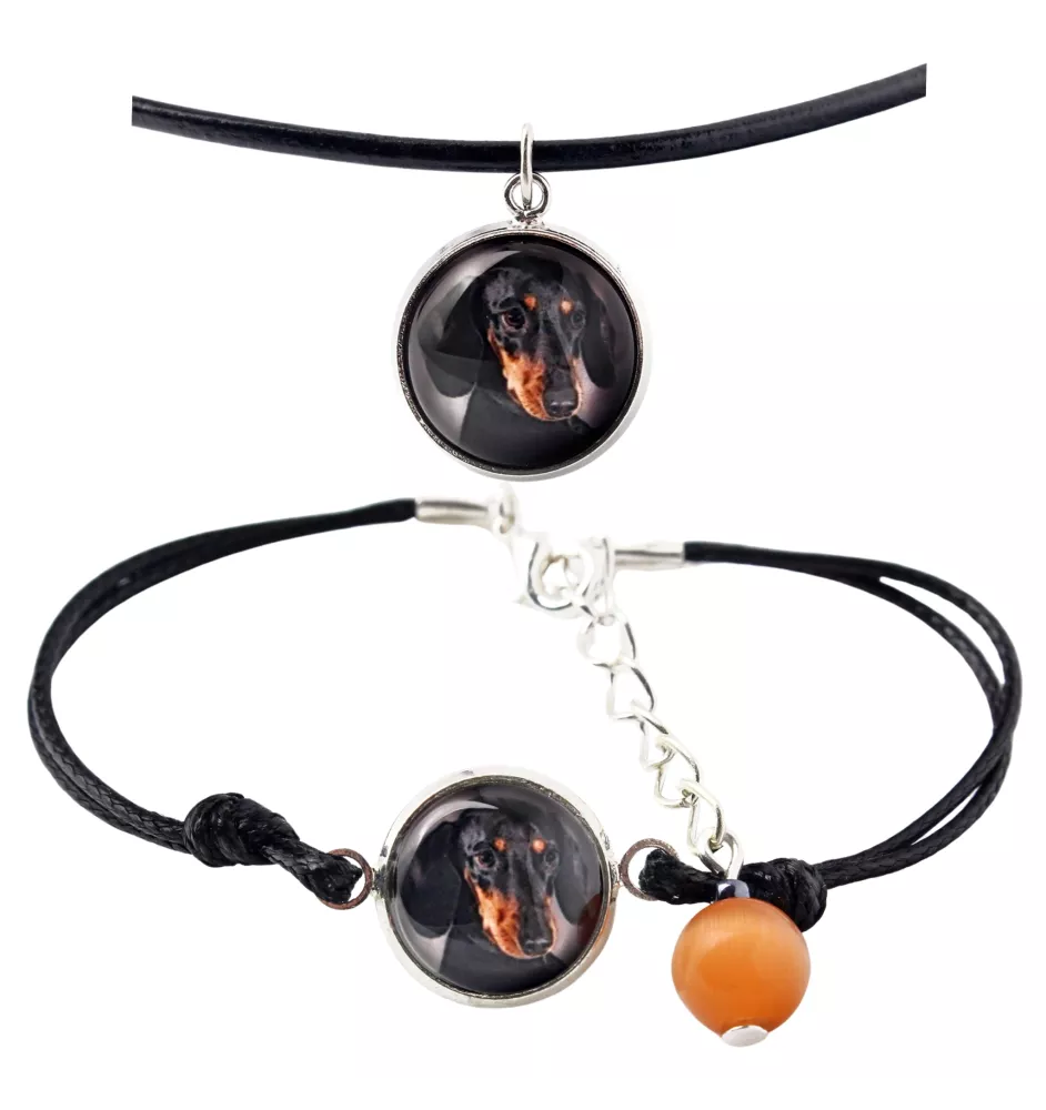 Teckel à poil ras, Chien-saucisse I - ensemble de bijoux avec votre photo, ensemble fait à la main, bracelet et collier de la marque Art.-Dog