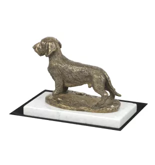 Dachshund Wire-haired, Wiener dog, Badger dog - dog figurine, statue on white marble, trophy for Art-Dog dog show exhibition