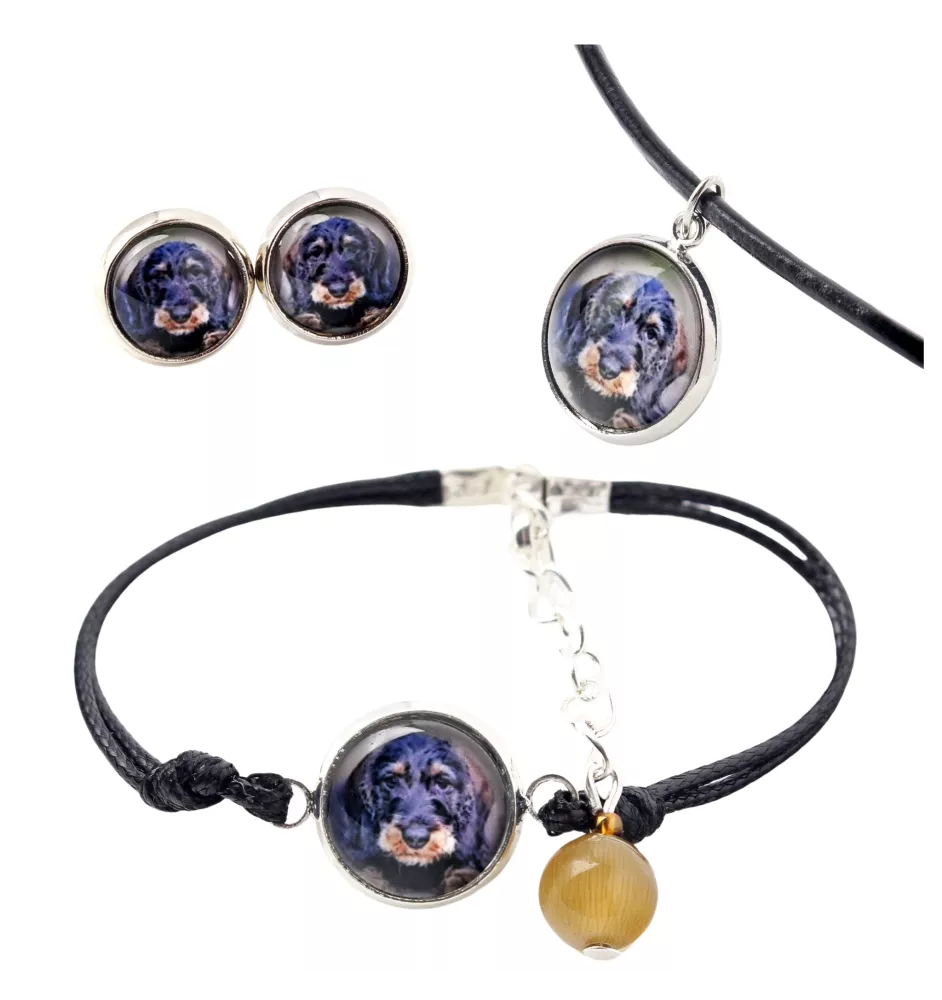 Teckel à poil dur, Chien-saucisse - ensemble de bijoux dans une boîte, collier, boucles d'oreilles, bracelet, produits de la marque Art-Dog