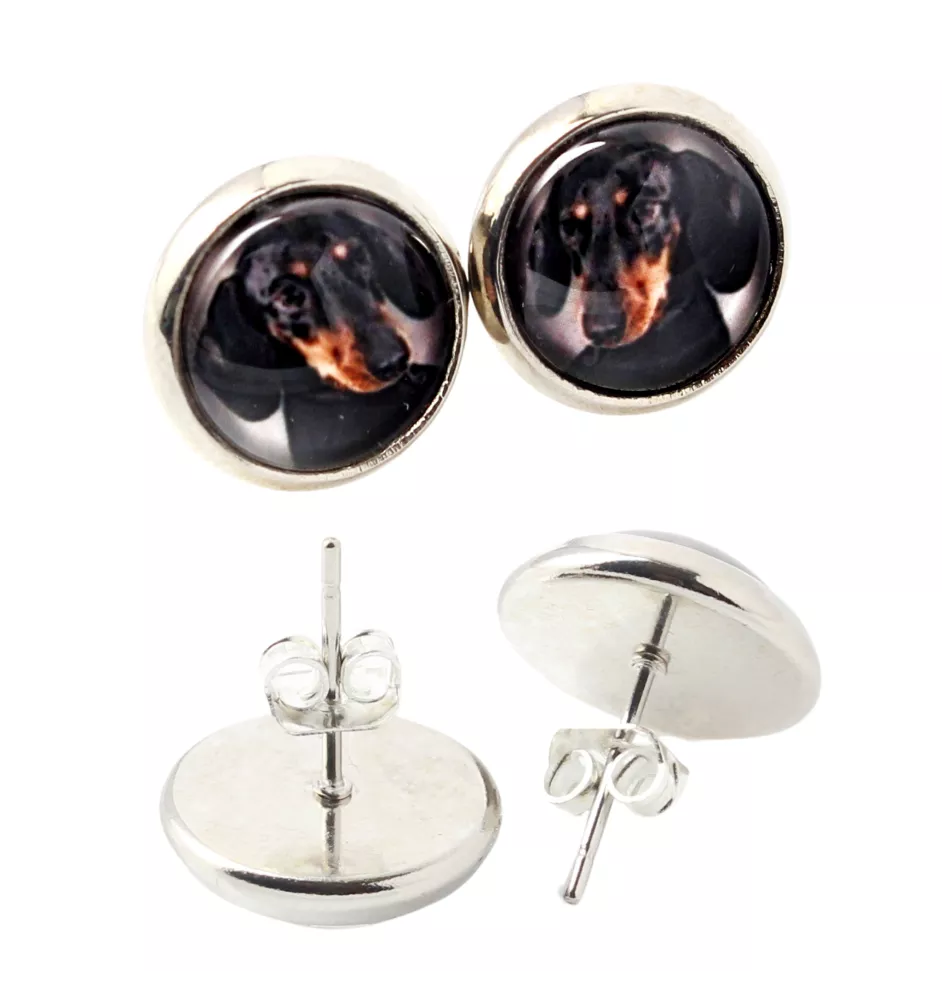 Teckel à poil ras, Chien-saucisse I - boucles d'oreilles dans une boîte, votre photo, bijoux faits à la main, produit de la marque Art-Dog.