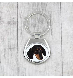 Teckel à poil ras, Chien-saucisse - porte-clés géométrique avec photo et inscription Art-Dog