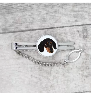 Dachshund Kurzhaar, Dackel, Teckel - geometrische Krawattennadel mit Bild und Schriftzug von Art-Dog