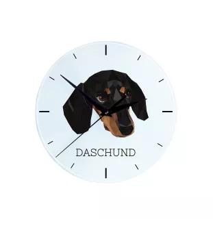 Teckel à poil ras, Chien-saucisse - horloge murale géométrique avec photo et logo de la marque Art-Dog
