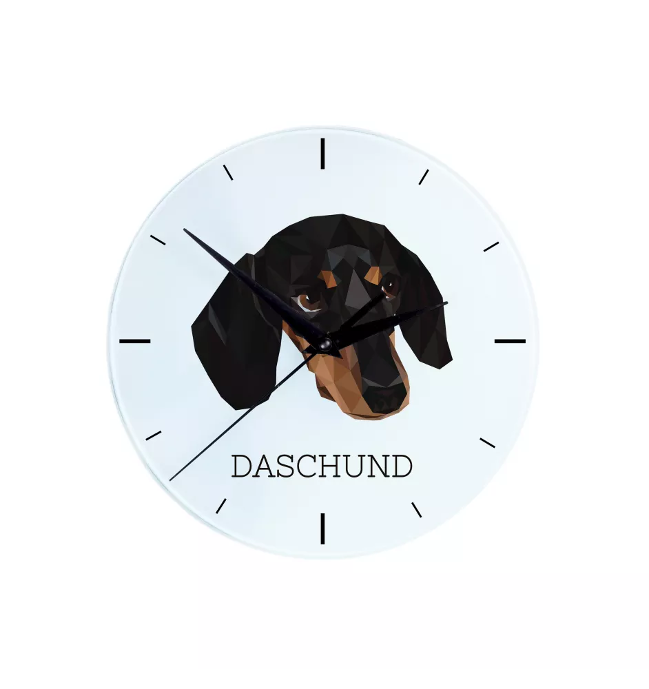 Dachshund Kurzhaar, Dackel, Teckel - geometrische Wanduhr mit Bild und Aufschrift der Marke Art-Dog