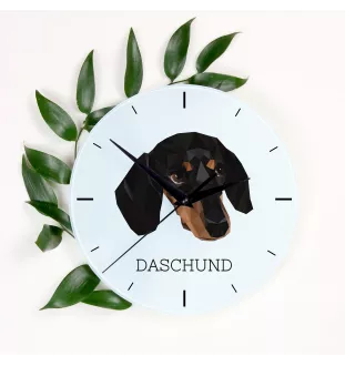 Teckel à poil ras, Chien-saucisse - horloge murale géométrique avec photo et logo de la marque Art-Dog