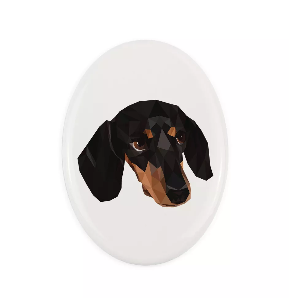 Dachshund Kurzhaar, Dackel, Teckel - Fliese mit geometrischem Bild und Schriftzug der Marke Art-Dog