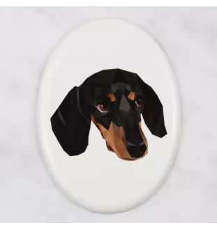 Dachshund Kurzhaar, Dackel, Teckel - Fliese mit geometrischem Bild und Schriftzug der Marke Art-Dog
