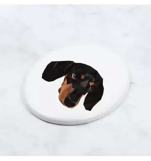 Dachshund Kurzhaar, Dackel, Teckel - Fliese mit geometrischem Bild und Schriftzug der Marke Art-Dog