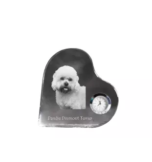 Dandie Dinmont Terrier, Hindlee Terrier - crystal clock with a dog picture, heart-shaped shelf clock, personalized standing clock by Art-Dog brand