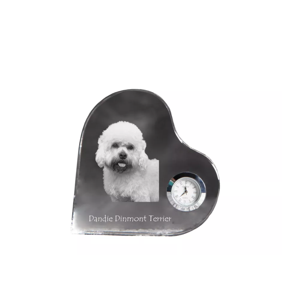 Dandie Dinmont Terrier, Hindlee Terrier - crystal clock with a dog picture, heart-shaped shelf clock, personalized standing clock by Art-Dog brand