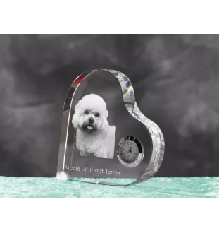 Dandie Dinmont Terrier, Hindlee Terrier - crystal clock with a dog picture, heart-shaped shelf clock, personalized standing clock by Art-Dog brand