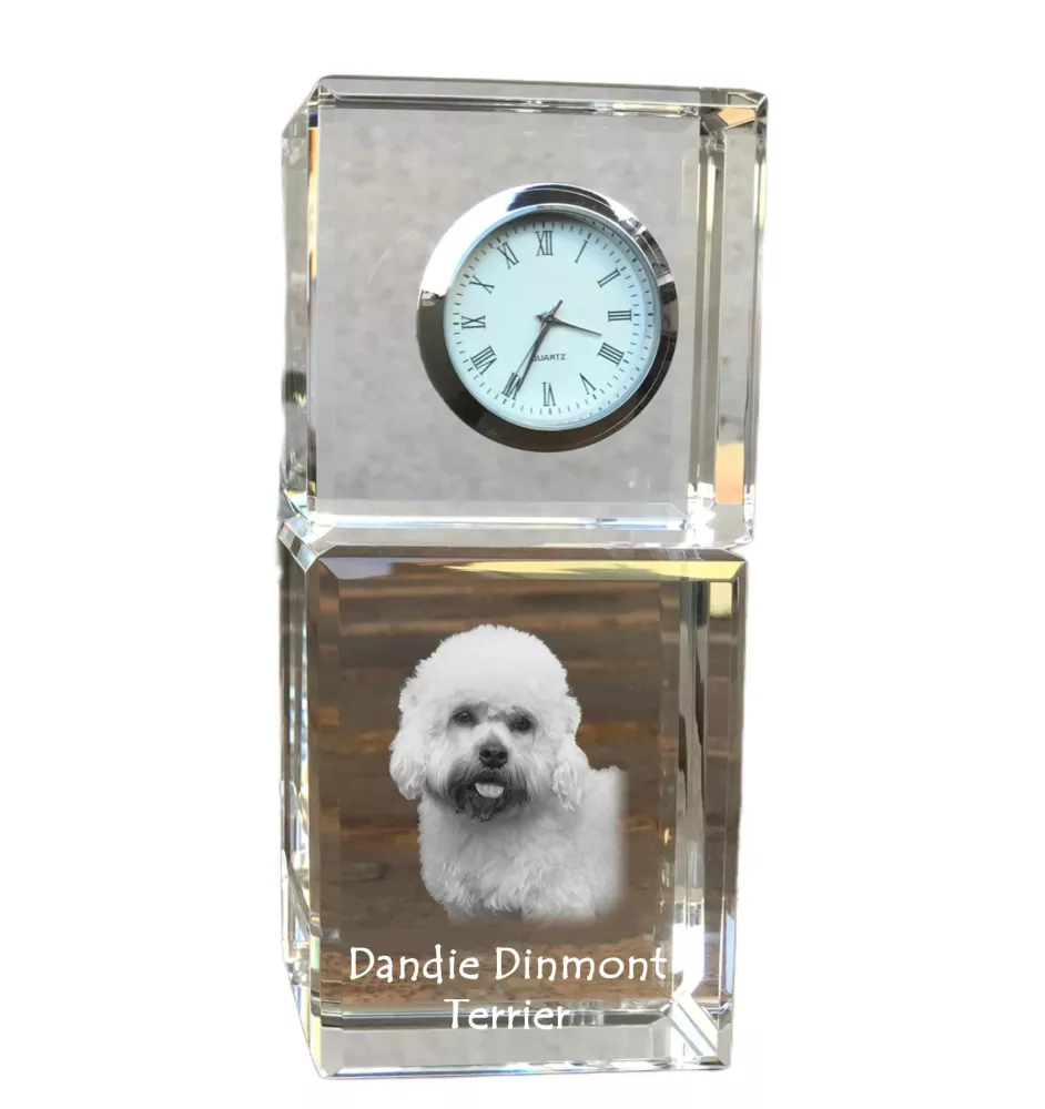 Dandie Dinmont Terrier - Kristalluhr mit Foto, Hundebild im Kristall, personalisierte Schreibtischuhr von Art-Dog.