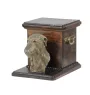 Deerhound, Schottischer Hirschhund, Scottish Deerhound - Eine Urne für die Asche eines Hundes mit einer Statuette, eine elegante Urne für einen Hund, eine außergewöhnliche Urne mit dem Porträt eines H