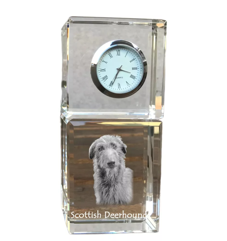 Deerhound, Scottish Deerhound - montre en cristal avec photo, photo de chien dans un cristal, horloge de bureau personnalisée de la marque Art-Dog