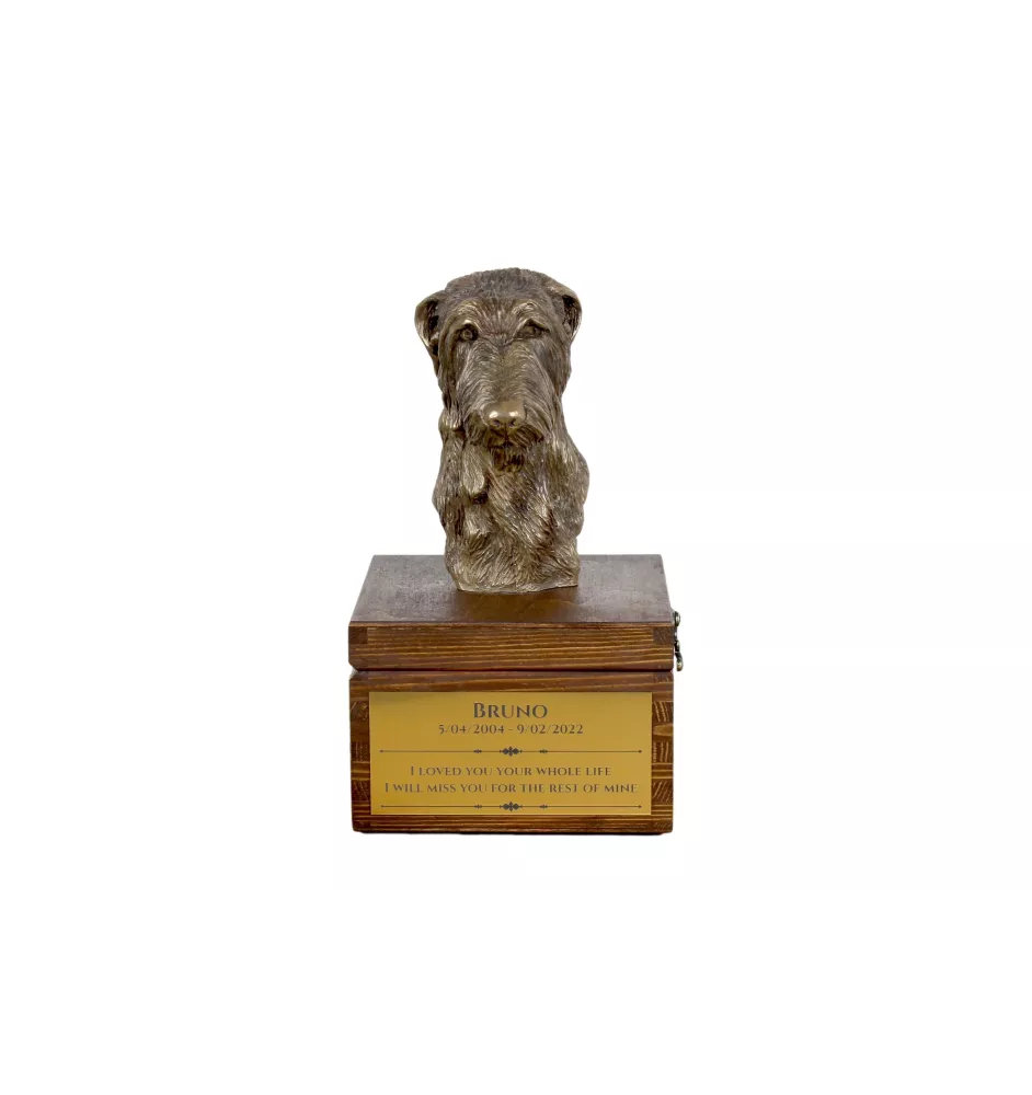 Deerhound, Schottischer Hirschhund, Scottish Deerhound - Eine Ascheurne für Hunde mit einer Statuette, eine kleine Urne für Hunde, eine personalisierte Urne mit dem Porträt eines Hundes von der Marke