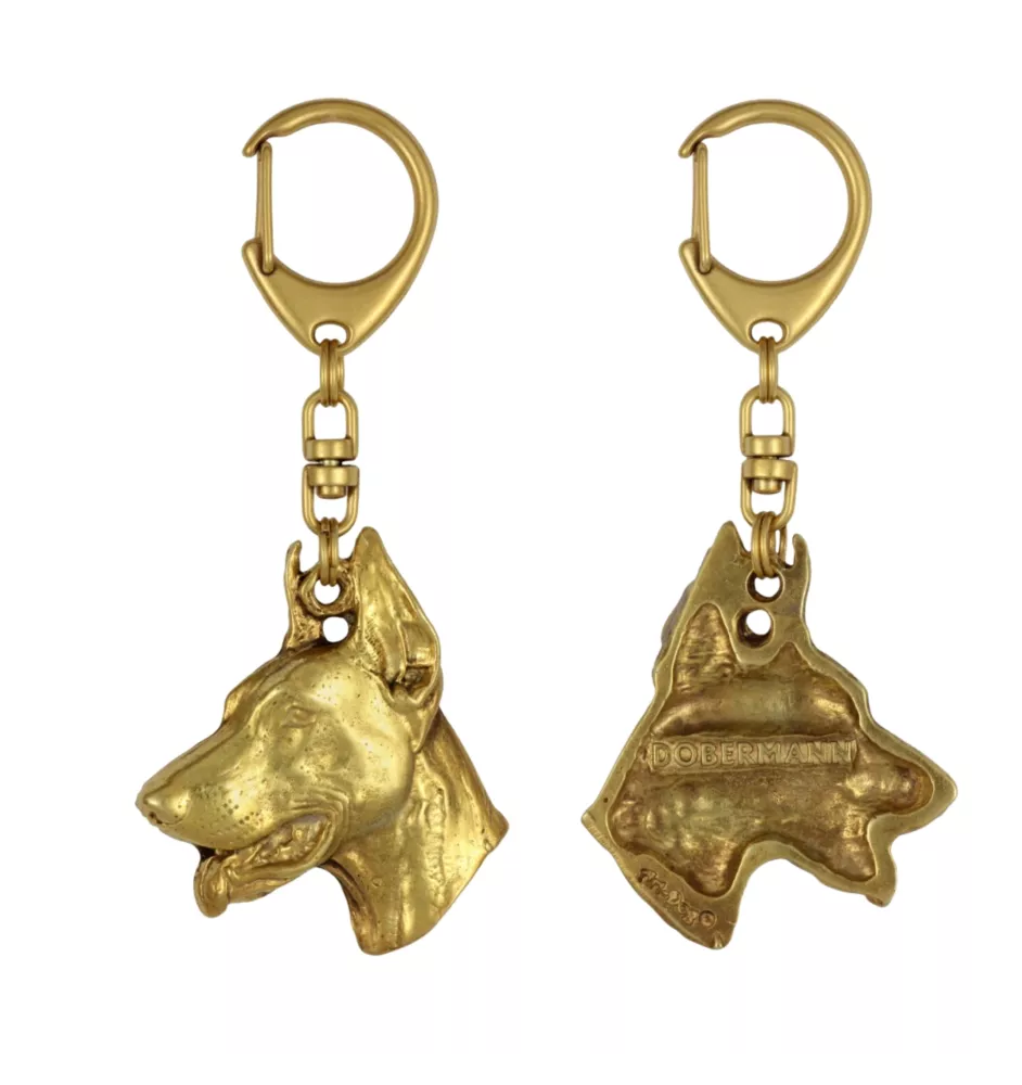 Dobermann, Doberman Pinscher, Dobie I - Gilded key ring with dog in gift box, handbag decoration, luxury accessory by Art-Dog brand