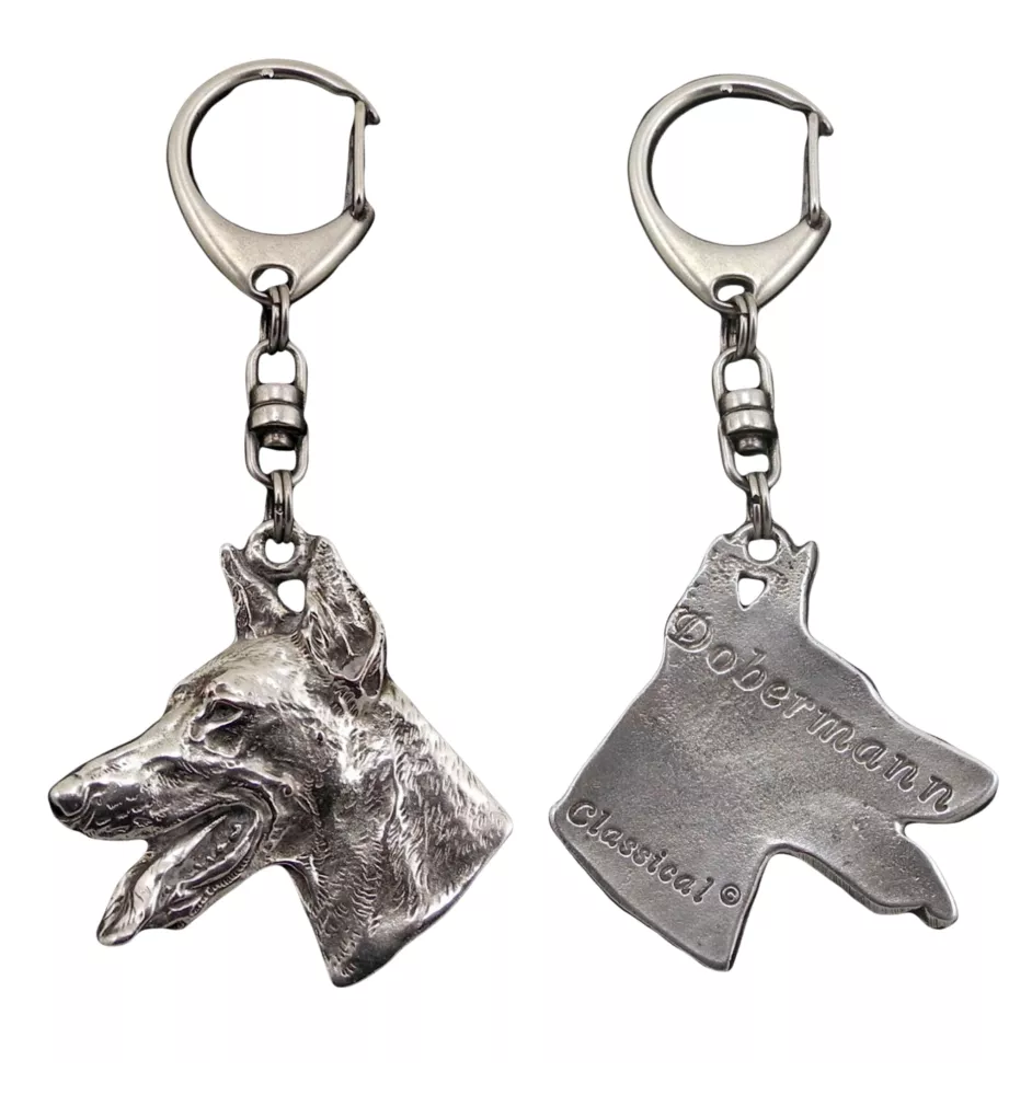 Dobermann, Doberman Pinscher, Dobie - Silver-plated key ring with a dog in a gift box, handbag decoration, backpack pendant by Art-Dog brand
