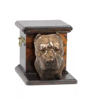 Argentinische Dogge, Dogo Argentino - Eine Urne für die Asche eines Hundes mit einer Statuette, eine elegante Urne für einen Hund, eine außergewöhnliche Urne mit dem Porträt eines Hundes von der Marke