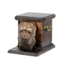 Argentinische Dogge, Dogo Argentino - Eine Urne für die Asche eines Hundes mit einer Statuette, eine elegante Urne für einen Hund, eine außergewöhnliche Urne mit dem Porträt eines Hundes von der Marke