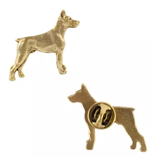 Dobermann - Hundebrosche in dekorativer Box, elegante vergoldete Anstecknadel, Jackenbrosche der Marke Art-Dog
