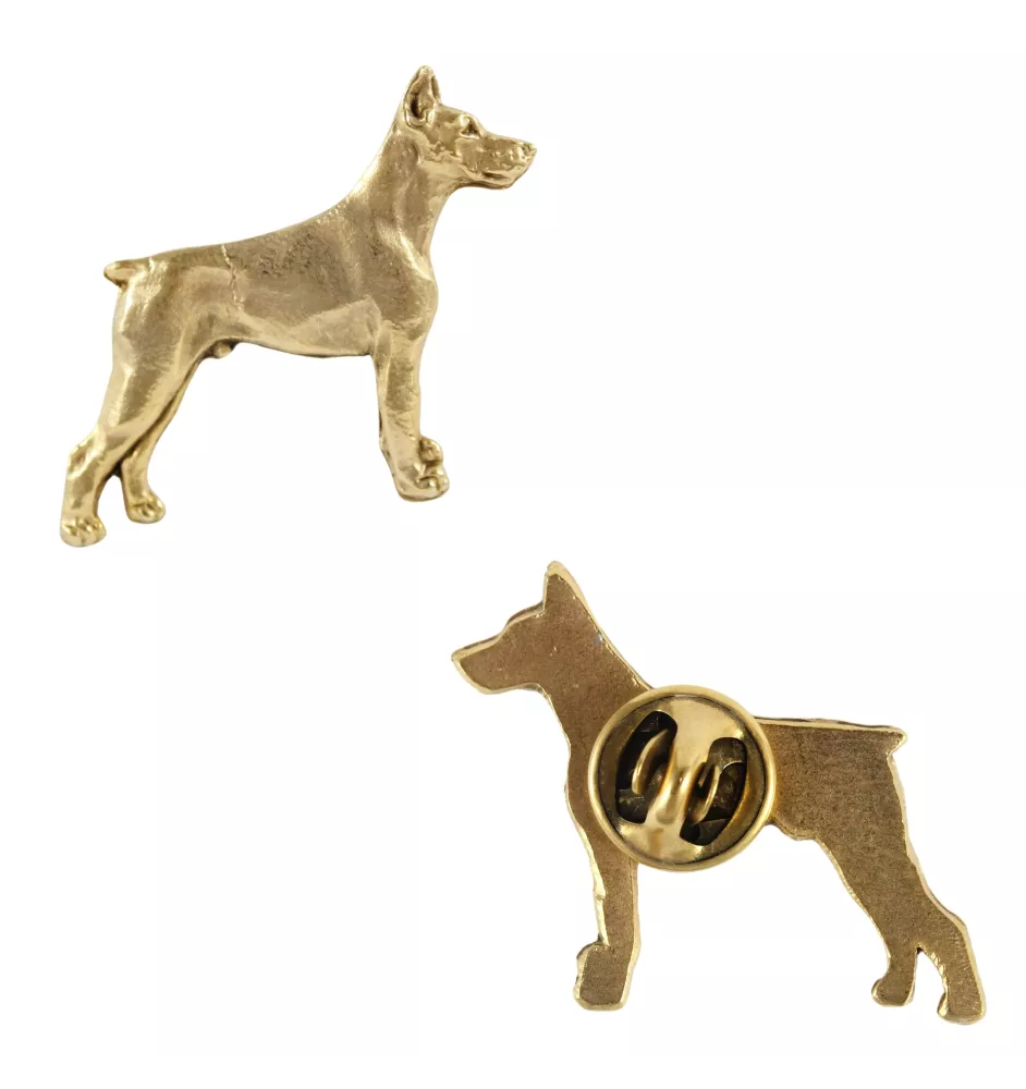 Dobermann - Hundebrosche in dekorativer Box, elegante vergoldete Anstecknadel, Jackenbrosche der Marke Art-Dog