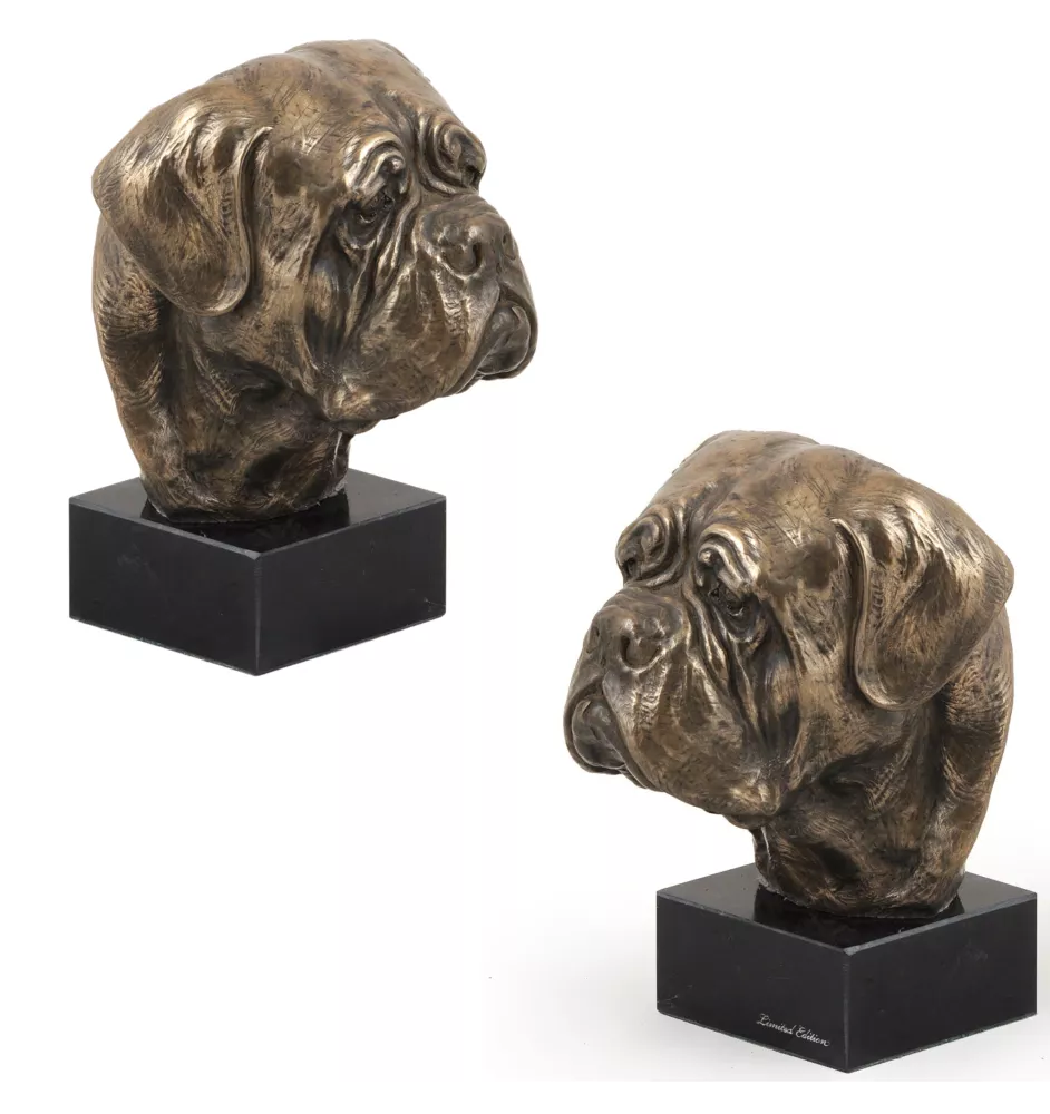 Bordeauxdogge, Dogue de Bordeaux - Hundestatue, Büste auf Steinsockel, Skulptur, Trophäe für Hundeausstellung der Marke Art-Dog