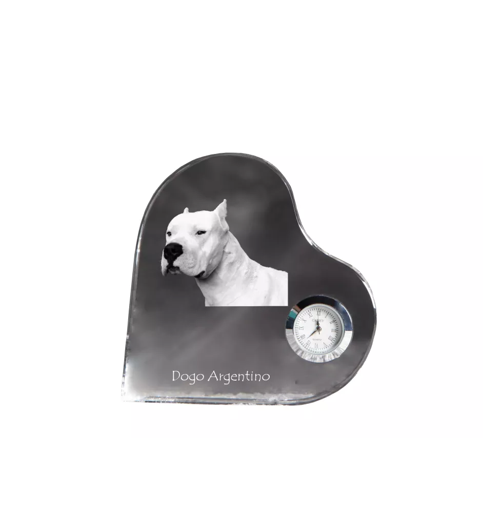 Argentinische Dogge, Dogo Argentino - Kristalluhr mit einem Hundebild, Herzregal-Uhr, personalisierte Standuhr der Marke Art-Dog