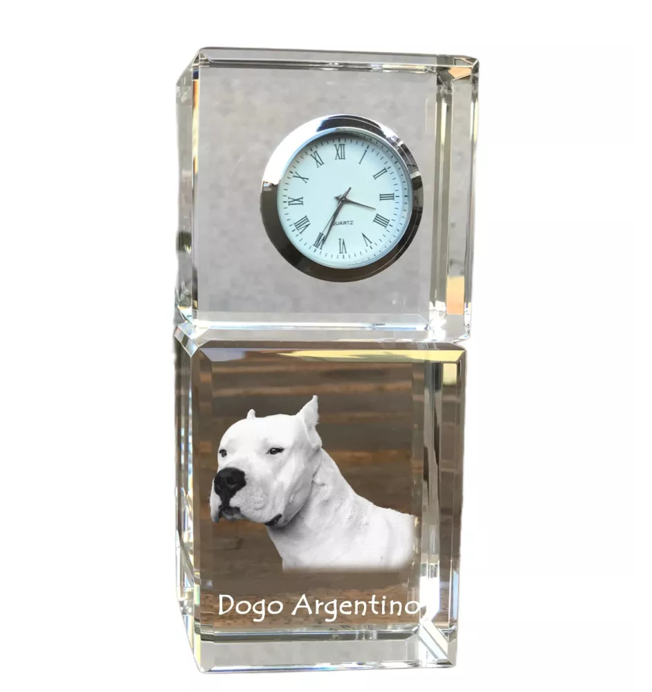 Argentinische Dogge, Dogo Argentino - Kristalluhr mit Foto, Hundebild im Kristall, personalisierte Schreibtischuhr von Art-Dog.