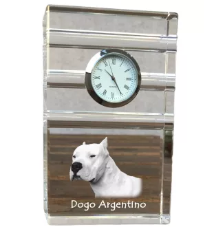 Argentinische Dogge, Dogo Argentino - Glasuhr mit Foto, Foto eines Hundes im Kristall, personalisierte Tischuhr für das Büro der Marke Art-Dog