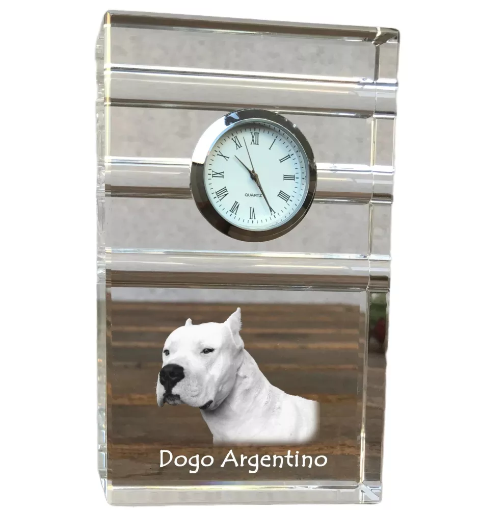 Dogue argentin, Dogo argentino - une horloge en verre avec une photo, une photo de chien dans un cristal, une horloge de bureau personnalisée de la marque Art-Dog