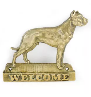 Dogue argentin, Dogo argentino - une plaque de porte avec un chien, une plaque de bienvenue en laiton, une enseigne exceptionnelle avec l'inscription Welcome de la marque Art-Dog