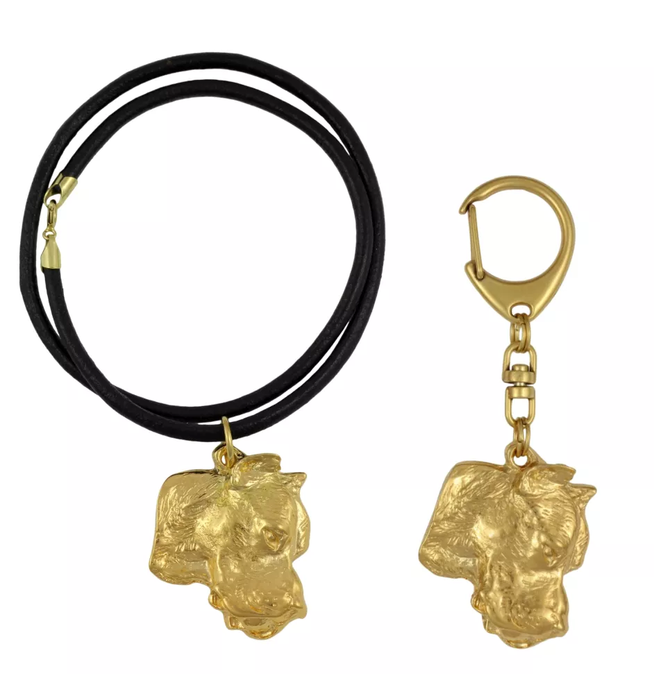 Dogue argentin, Dogo argentino - porte-clés et collier avec chien dans une boîte, produit plaqué or de haute qualité, marque Art-Dog