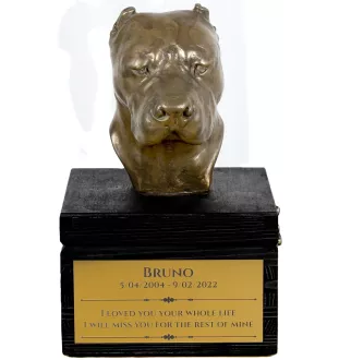 Argentinische Dogge, Dogo Argentino - eine Urne mit Gravur und Hundeskulptur, letzter Abschied, handgefertigtes Produkt der Marke Art-Dog