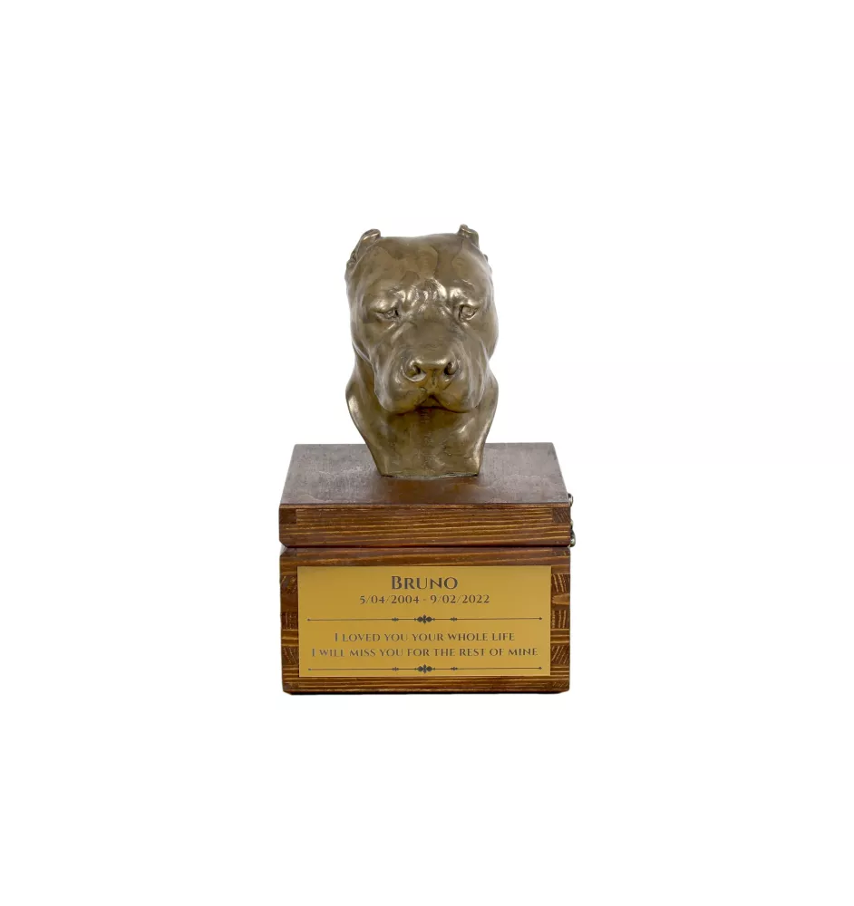Dogue argentin, Dogo argentino - urne pour les cendres du chien avec une statuette, petite urne pour chien, urne personnalisée avec le buste du chien de la marque Art-Dog