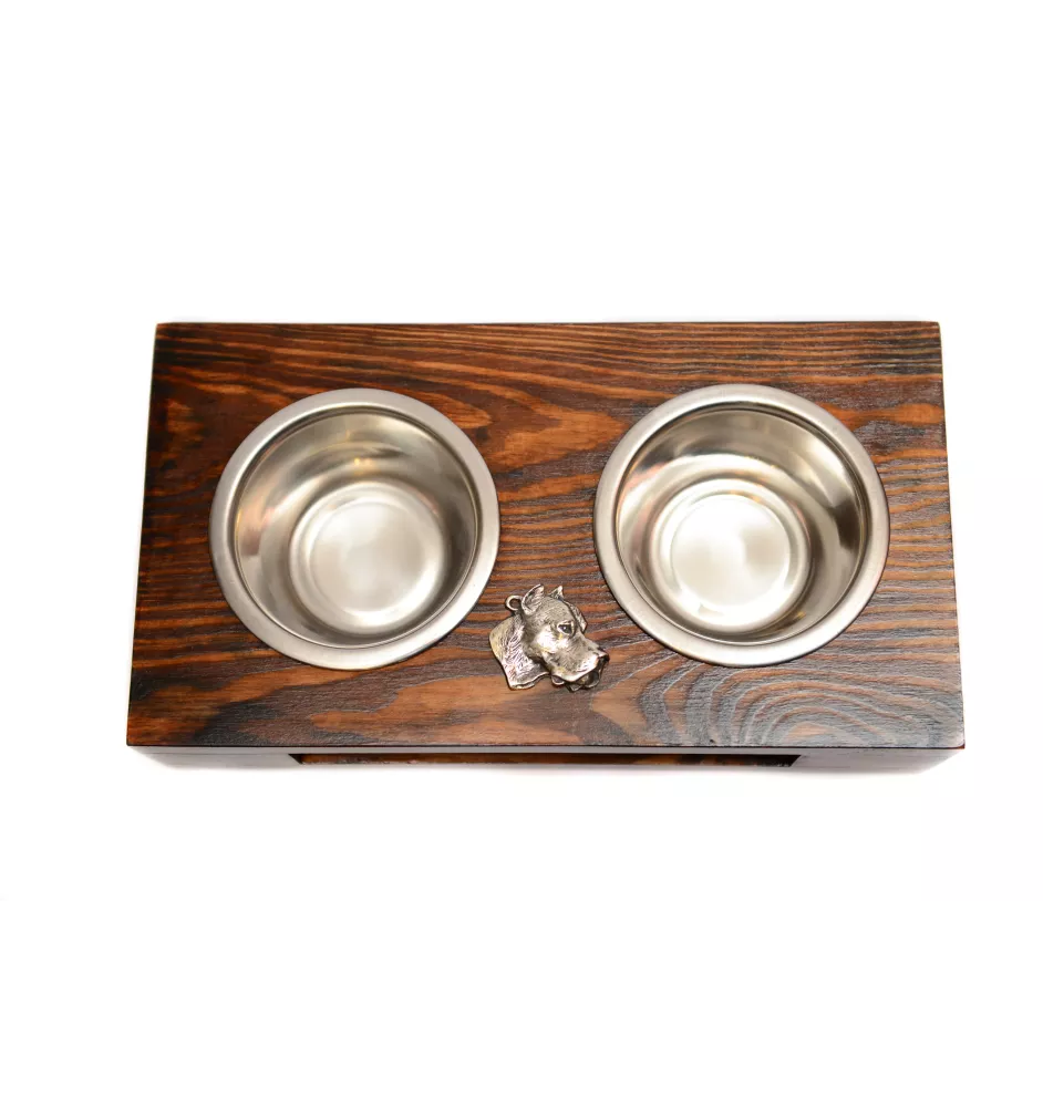 Dogo Argentino - wooden stand with bowls for a dog, steel dog bowls, a gift for adopting a dog from the Art-Dog brand