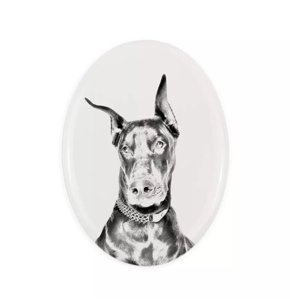 Dobermann I - Gedenktafel mit einem Foto eines Hundes, Grabplatte mit Druck, personalisierte ovale Platte der Marke Art-Dog