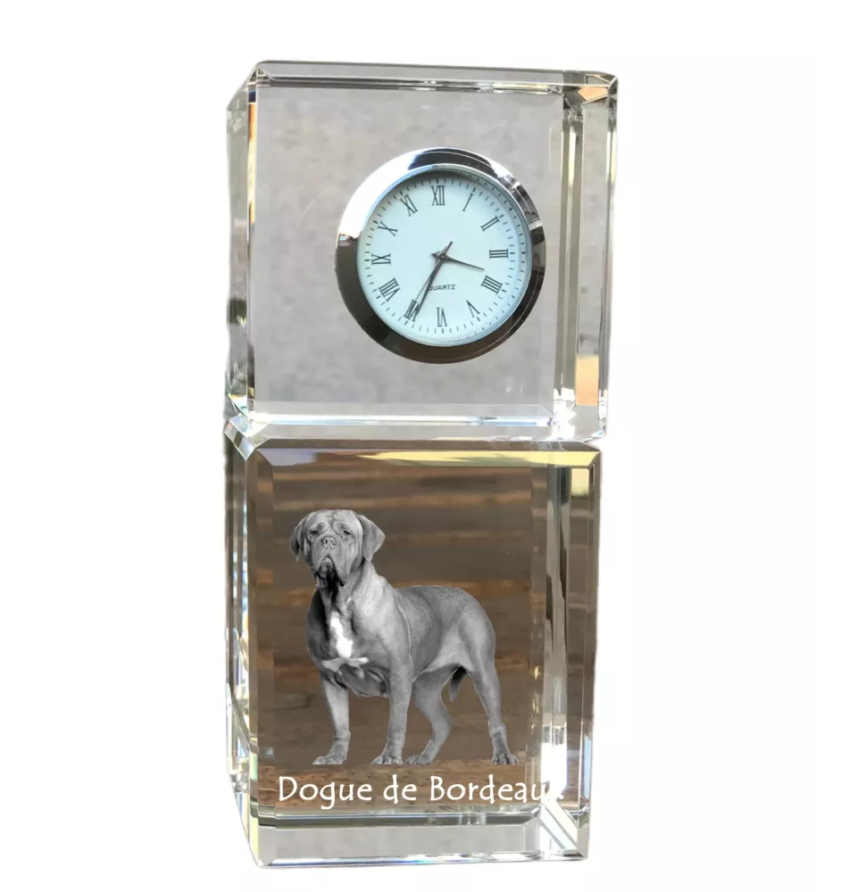 Dogue de Bordeaux, French Mastiff, Bordeauxdog - crystal clock with a photo, a photo of a dog in crystal, personalized desk clock by Art-Dog brand