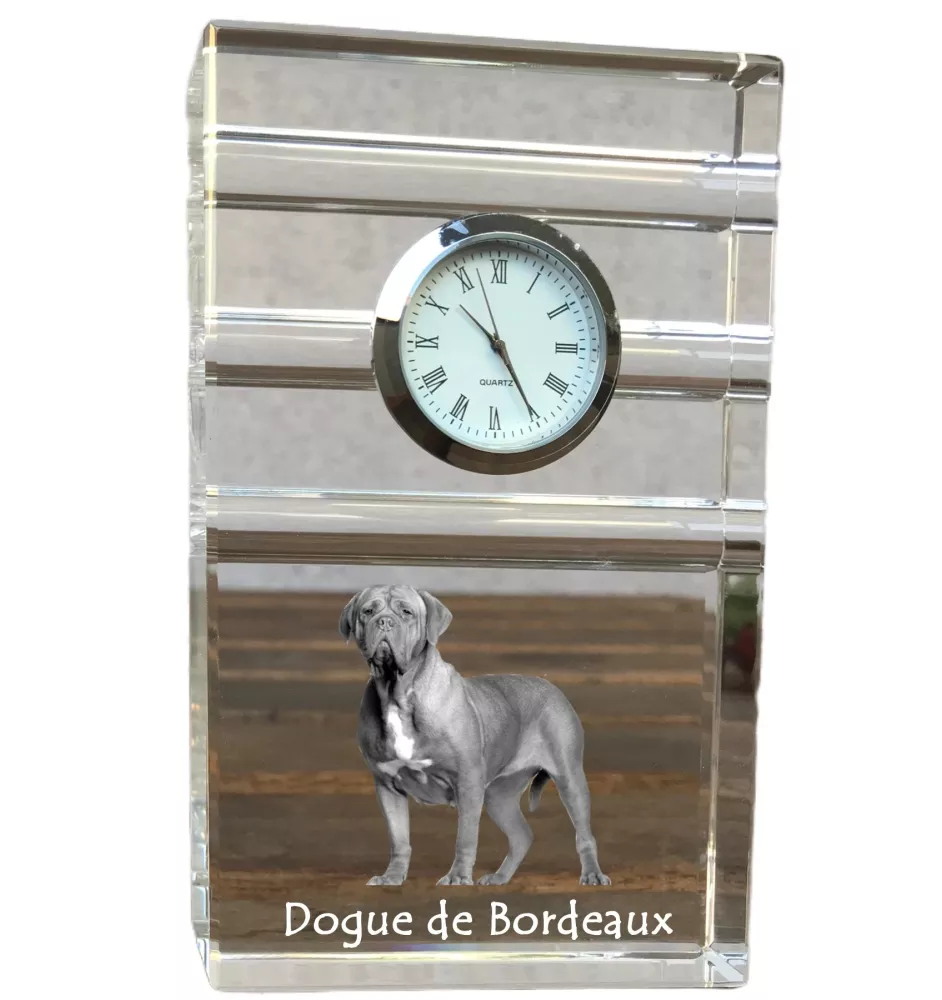 Dogue de Bordeaux - une horloge en verre avec une photo, une photo de chien dans un cristal, une horloge de bureau personnalisée de la marque Art-Dog