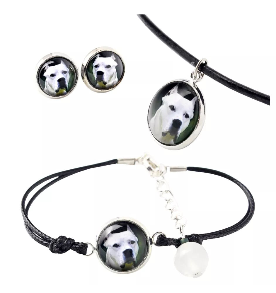 Argentinische Dogge, Dogo Argentino - Schmuckset in einer Schachtel, Halskette, Ohrringe, Armband, Produkte der Marke Art-Dog