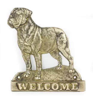 Dogue de Bordeaux, French Mastiff, Bordeauxdog - a door sign with a dog, a brass welcome plaque, a unique sign with the inscription Welcome from the Art-Dog brand