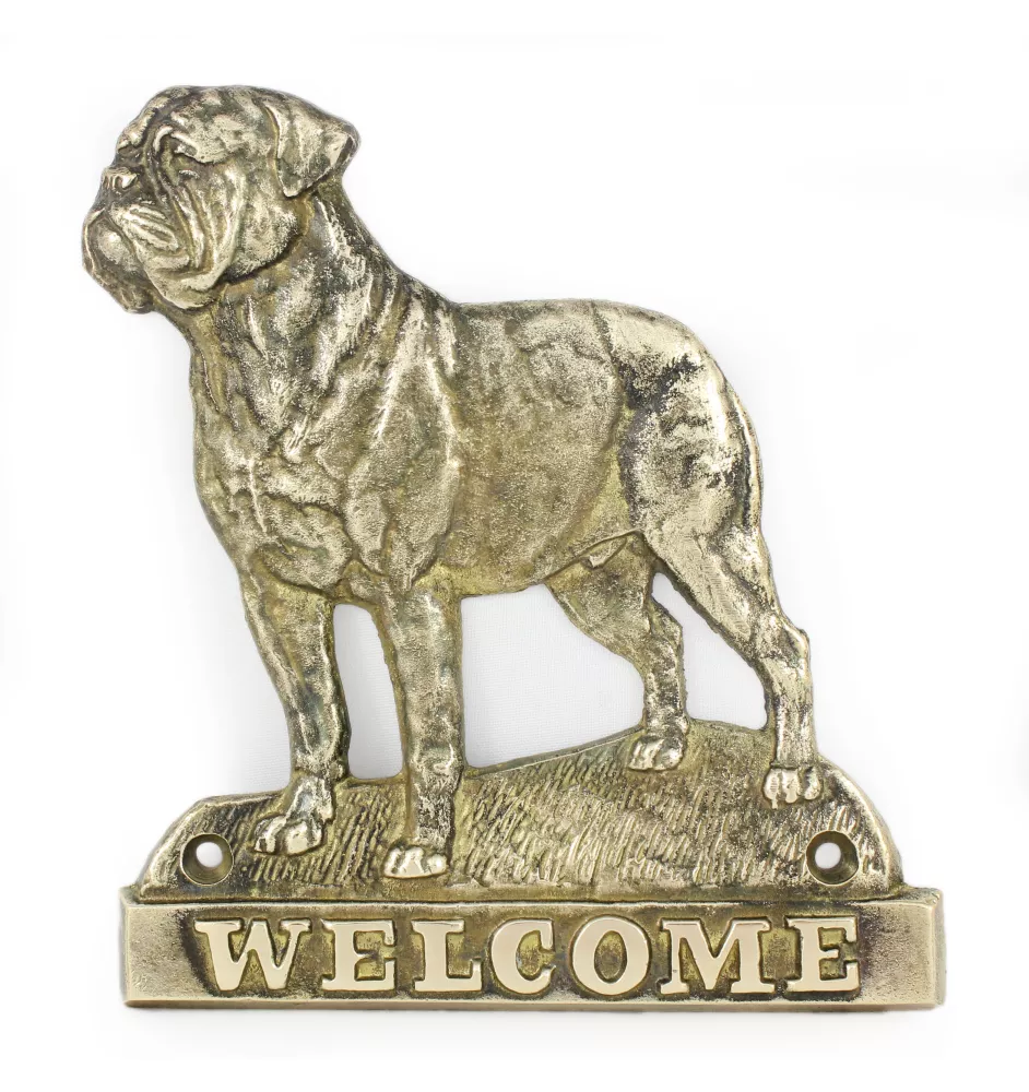 Bordeauxdogge, Dogue de Bordeaux - Türschild mit Hund, messingfarbenes Willkommensschild, einzigartiges Schild mit der Aufschrift Welcome von der Marke Art-Dog